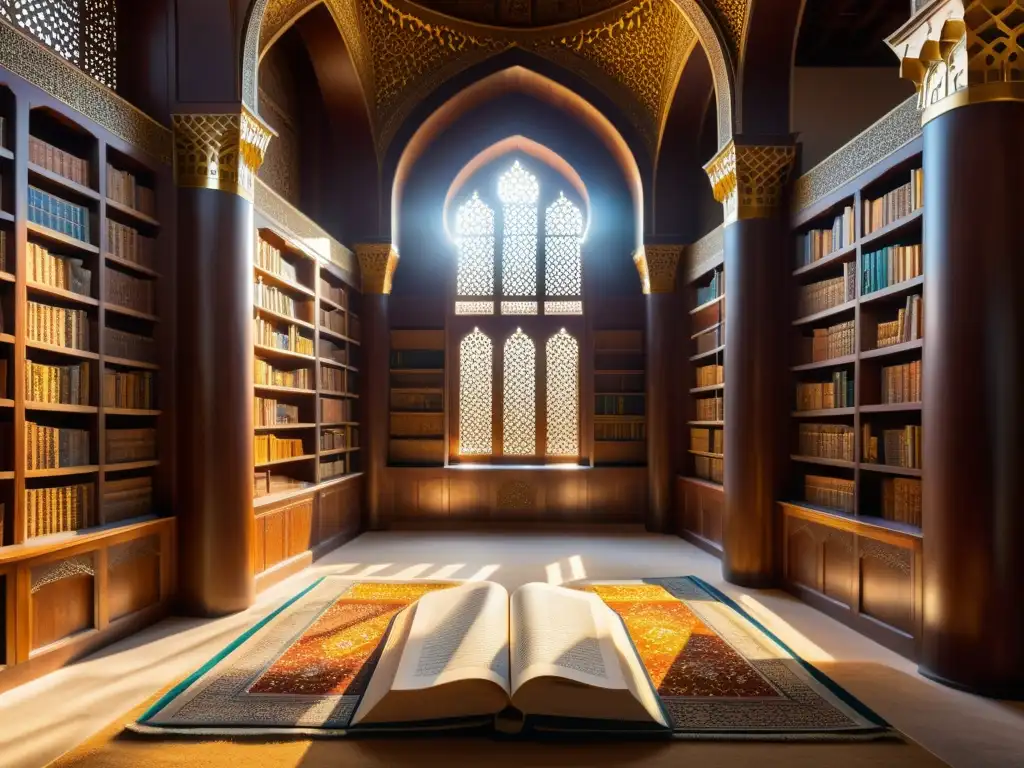 Biblioteca histórica en mezquita: libros antiguos, caligrafía exquisita y tranquilidad etérea