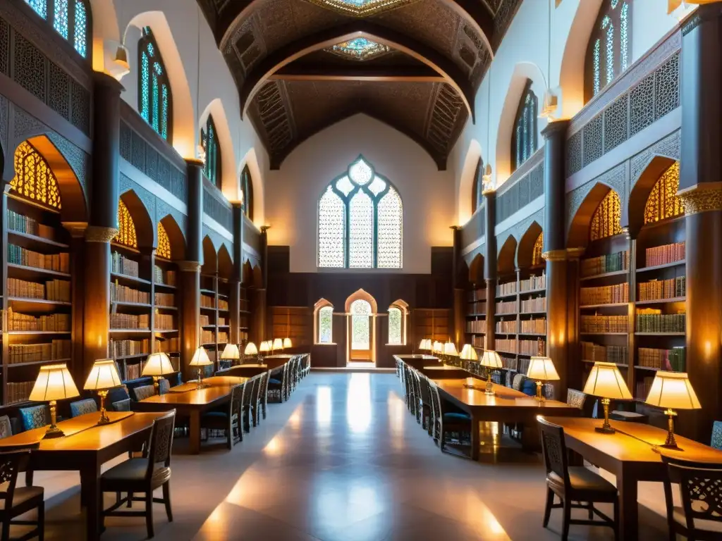 Biblioteca histórica en mezquita: manuscritos antiguos, patrones geométricos, luz cálida y ambiente intelectual sereno