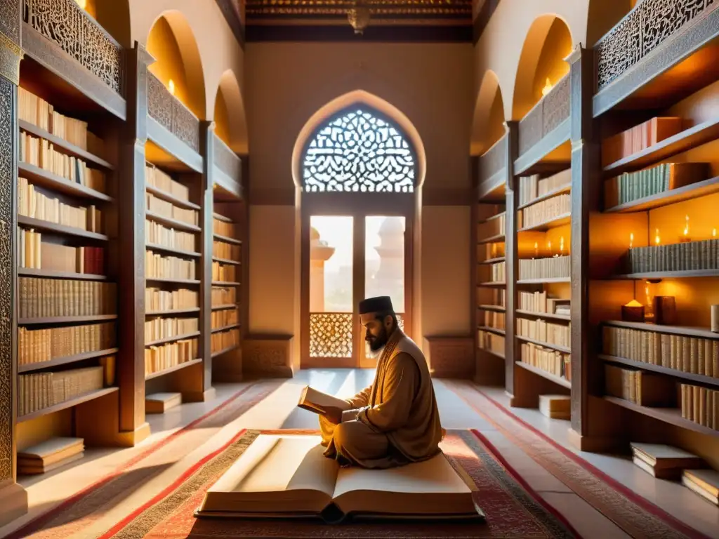 Una biblioteca islámica antigua, bañada en cálida luz dorada, revela una intersección de poesía, filosofía e historia islámica