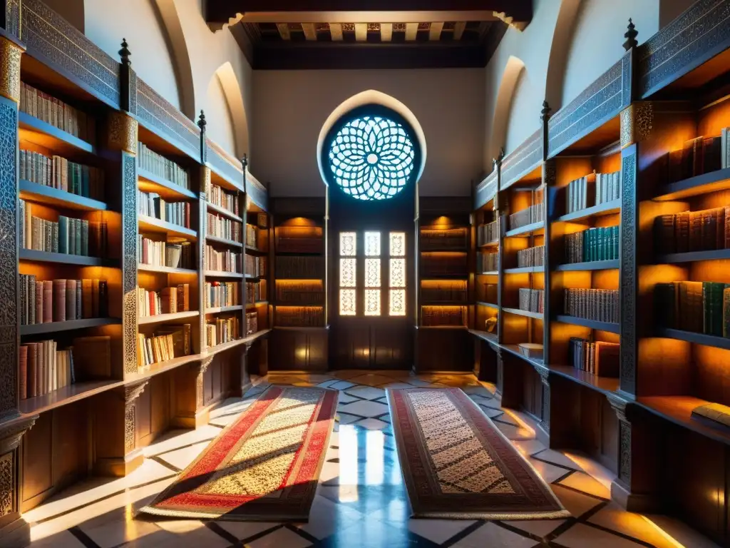 Una biblioteca islámica antigua llena de libros y manuscritos, con luz tenue y ambiente reverente