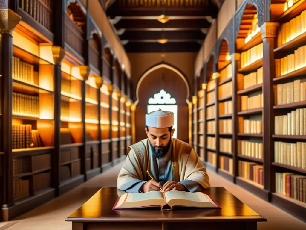 Una biblioteca islámica antigua llena de manuscritos centenarios sobre jurisprudencia islámica