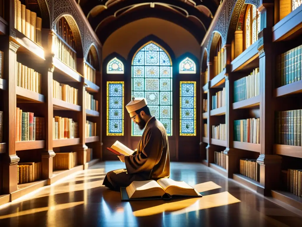 Una biblioteca islámica llena de manuscritos antiguos iluminados por la cálida luz del sol, mostrando la influencia islámica en la narrativa