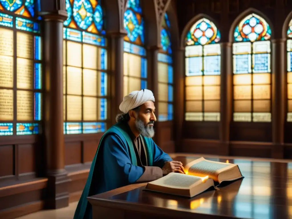 Ibn Khaldun reflexiona en una biblioteca llena de libros antiguos y pergaminos, rodeado de una cálida luz