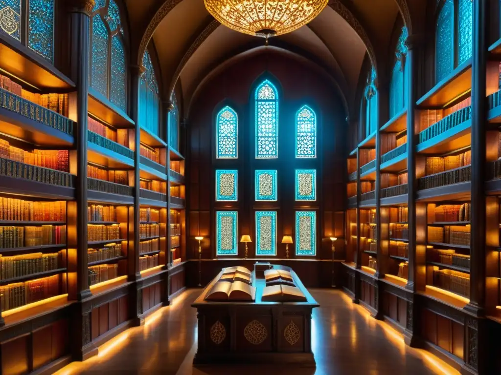Una biblioteca magnífica en un califato histórico, llena de manuscritos antiguos y eruditos