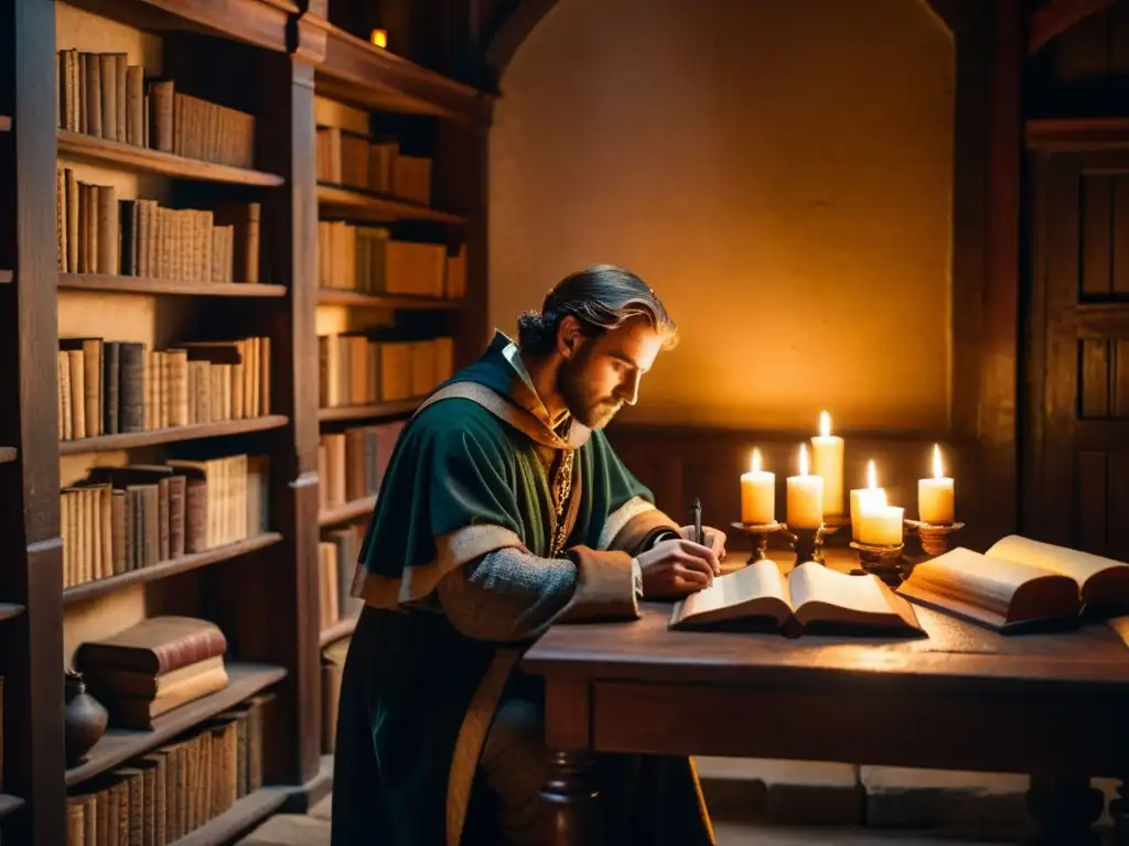 En una biblioteca medieval iluminada por velas, un erudito transcribe antiguos manuscritos