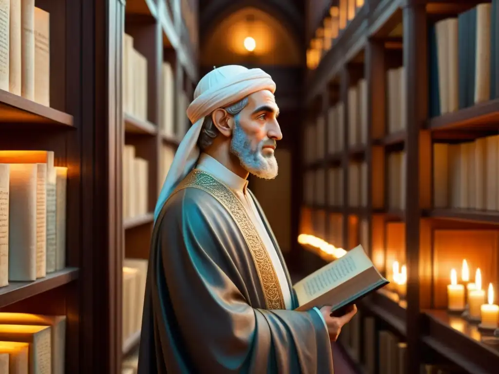 Averroes, filósofo andalusí en una biblioteca medieval llena de sabiduría y conocimiento, iluminada por cálidas velas