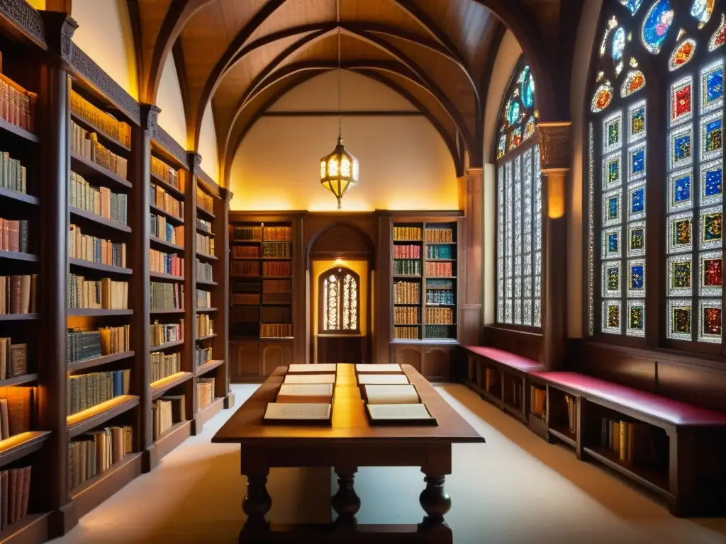 Una biblioteca medieval europea con manuscritos islámicos en estantes de madera, iluminada por luz cálida de vitrales