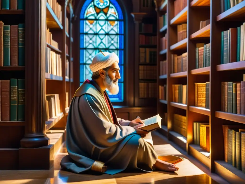 Averroes filósofo Andalusí Europa Medieval, en una biblioteca medieval con tomos antiguos y luz cálida