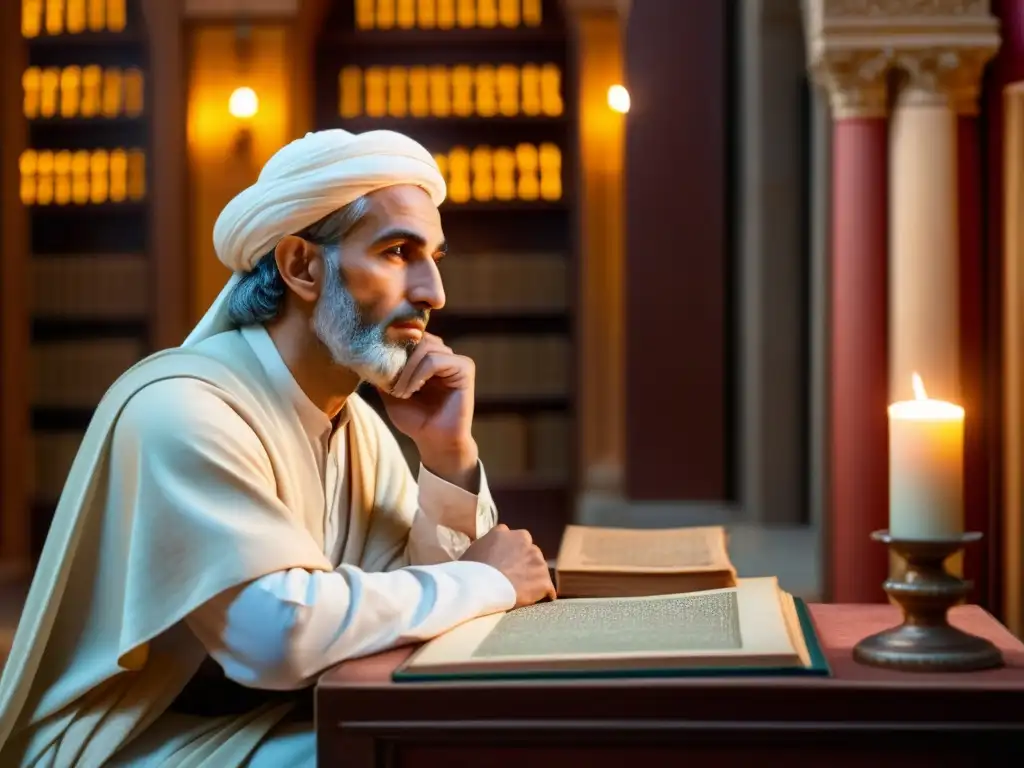 Averroes, filósofo andalusí, reflexiona en una biblioteca medieval