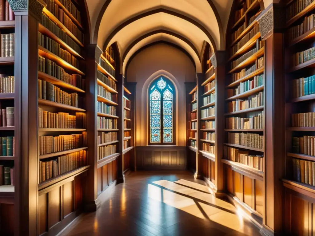 Biblioteca en mezquita histórica: antigüos libros en estantes de madera, iluminados por luz suave a través de vitrales