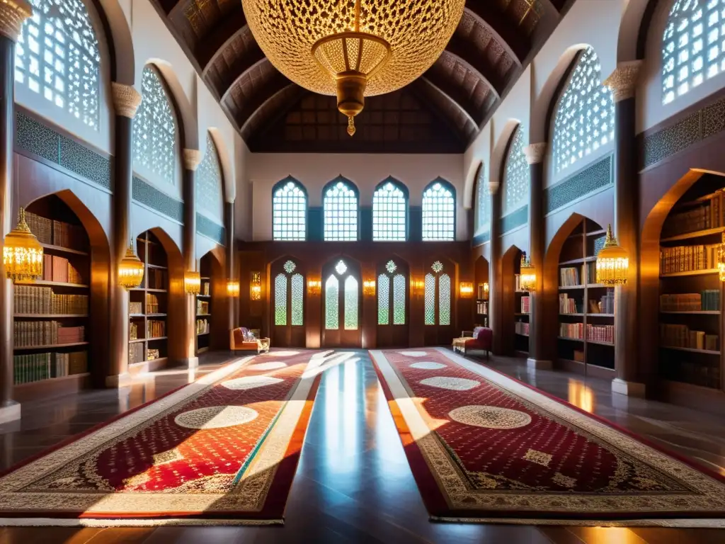 Biblioteca en mezquita histórica con antiguos manuscritos e iluminación cálida, chandeliers, y muebles elegantes