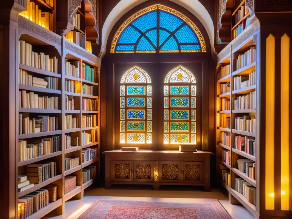 Biblioteca en mezquita histórica: estantería de madera tallada con antiguos manuscritos y textos del Corán, bañada en cálida luz dorada