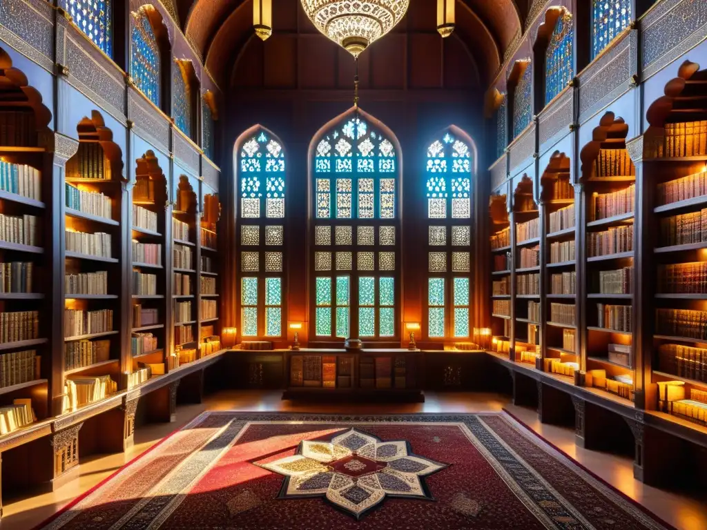 Una biblioteca en mezquita histórica llena de antiguos textos islámicos, con decoración ornamental y ambiente de sabiduría y conocimiento