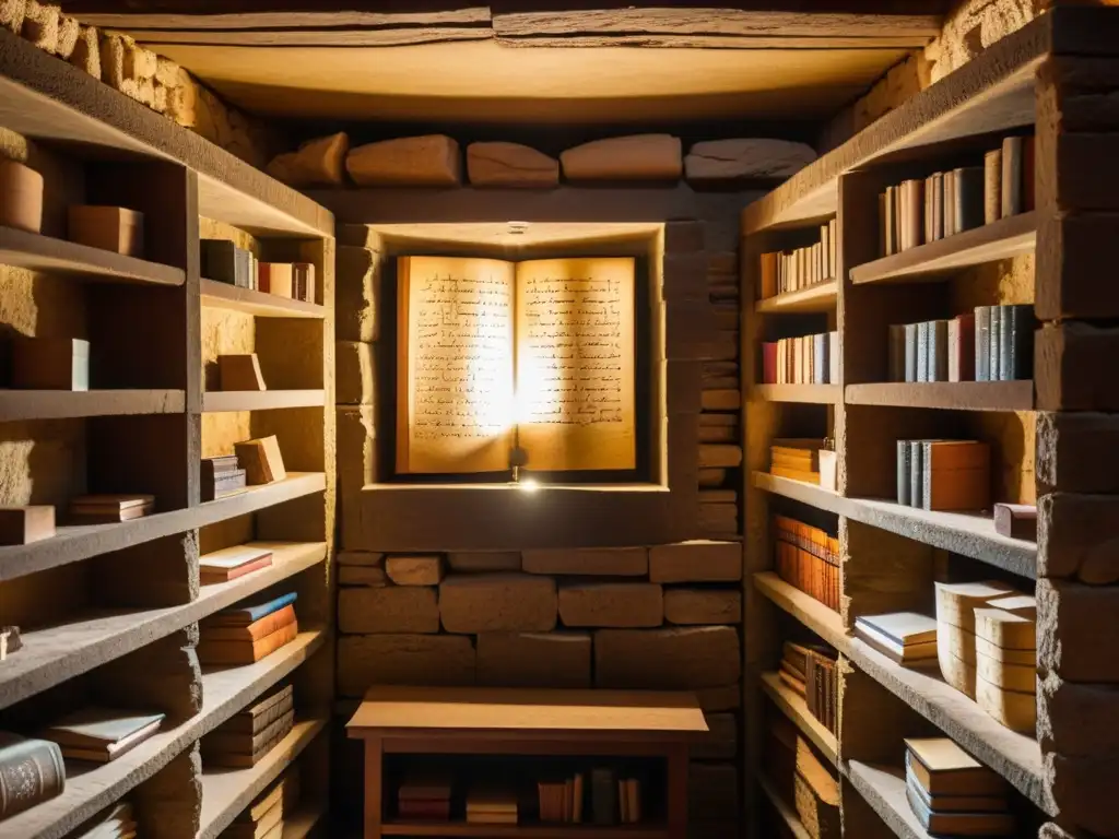 Biblioteca secreta de manuscritos islámicos en una cámara subterránea iluminada por una solitaria ventana, llena de sabiduría ancestral