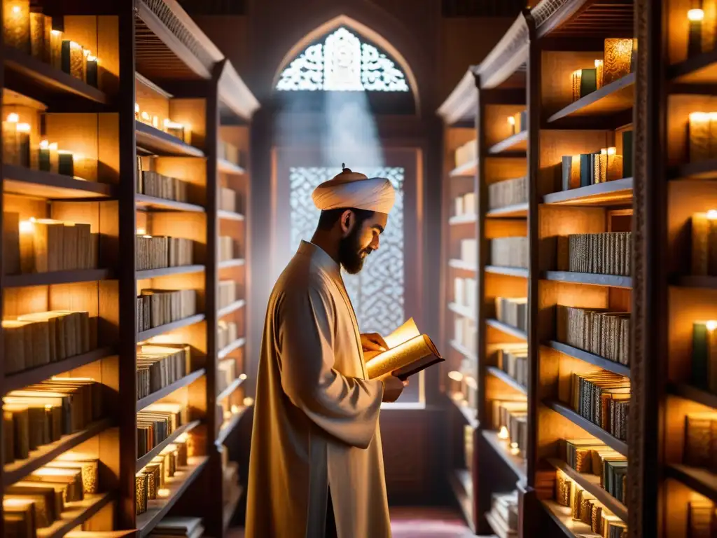 En una biblioteca tenue, un erudito islámico estudia antiguos manuscritos en árabe