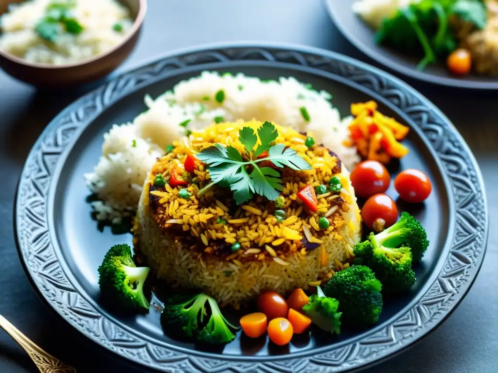 Un biryani vegano bellamente presentado, con arroz aromático, verduras coloridas y especias fragantes, en un plato islámico tradicional