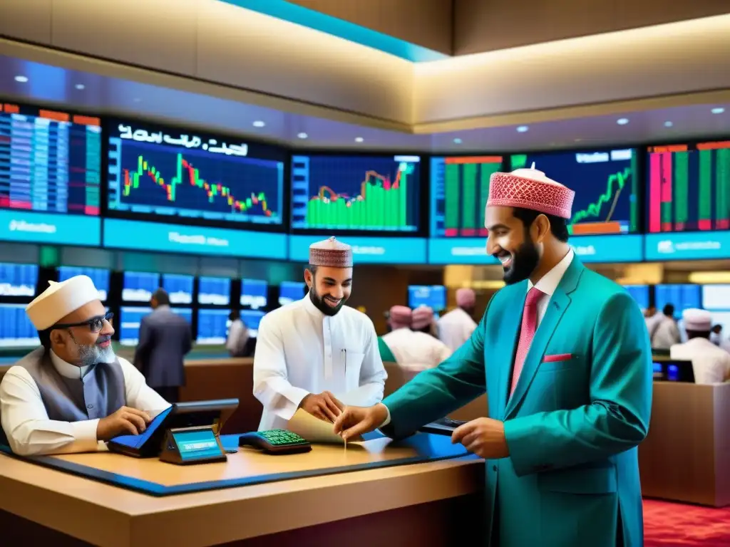 Inversión halal en bonos sukuk: Escena de mercado bursátil islámico con traders en atuendo tradicional realizando transacciones