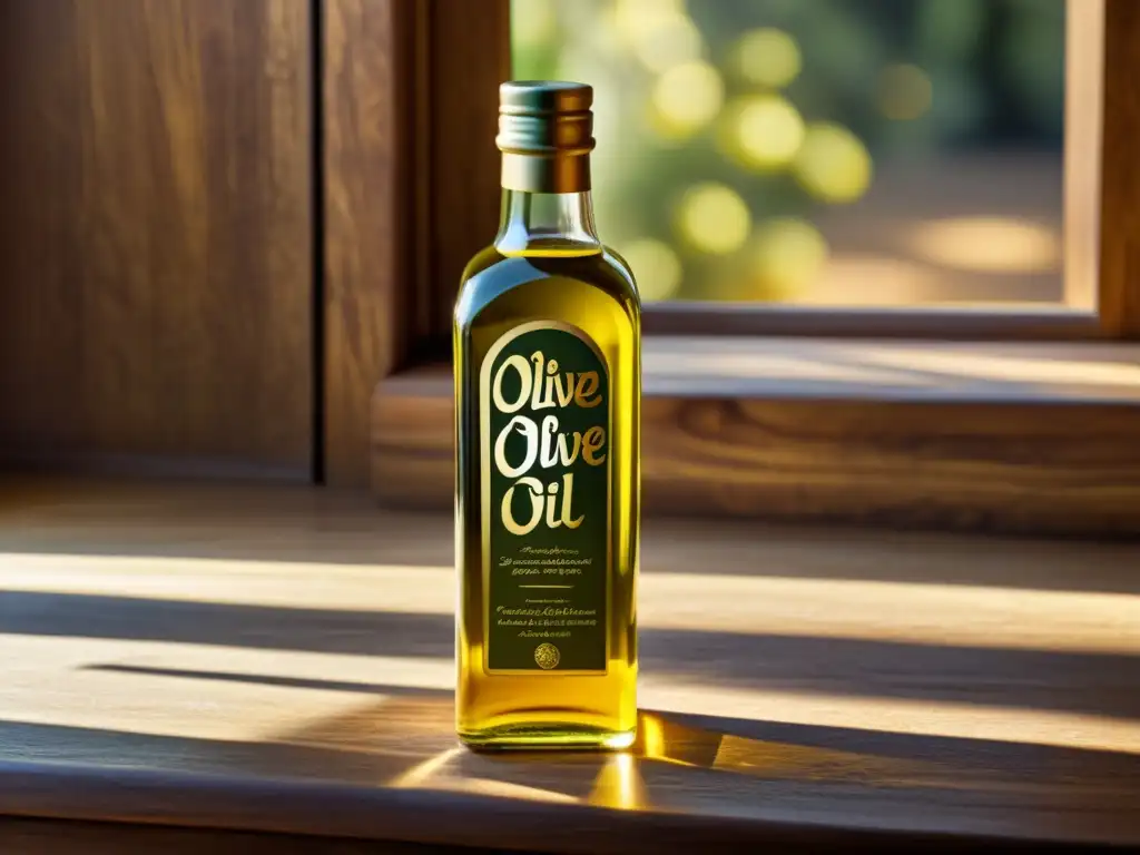 Botella de aceite de oliva islámico en mesa rústica con aceitunas, bañada por luz solar, evocando lujo y tradición