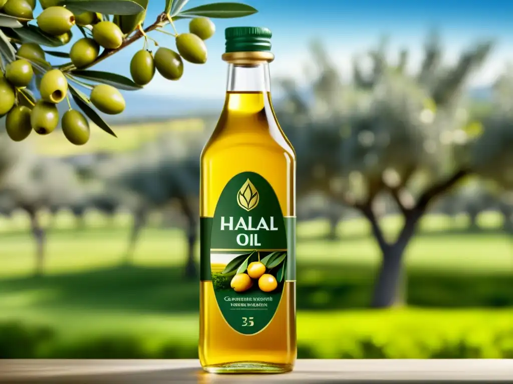 Botella de aceite halal con olivos verdes y cielo soleado, transmitiendo autenticidad y beneficios aceites halal cocina islámica