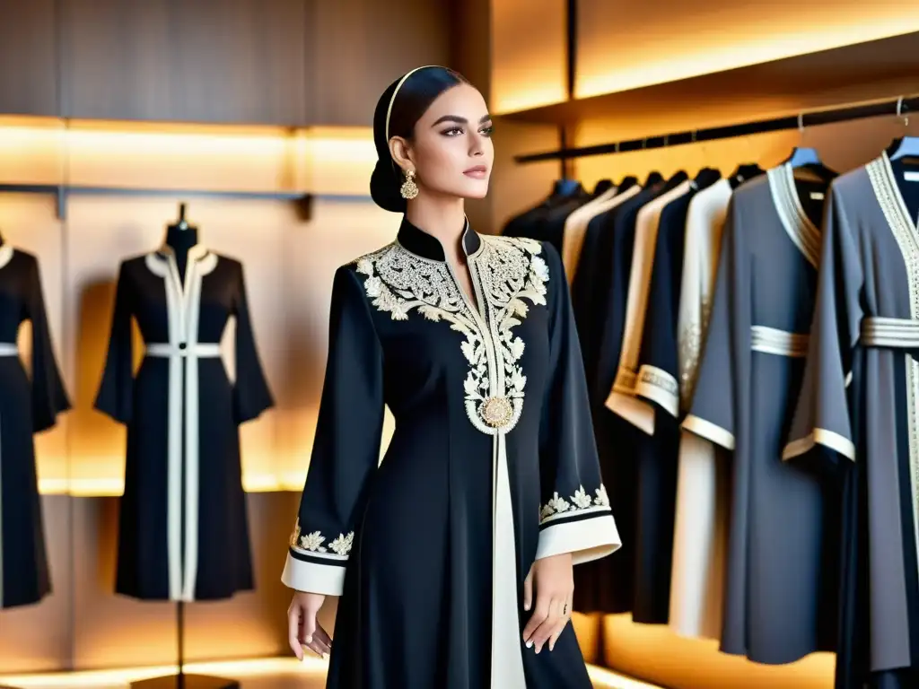 Una boutique de alta gama muestra abayas de autor moda islámica en un ambiente sofisticado y elegante, resaltando detalles exquisitos