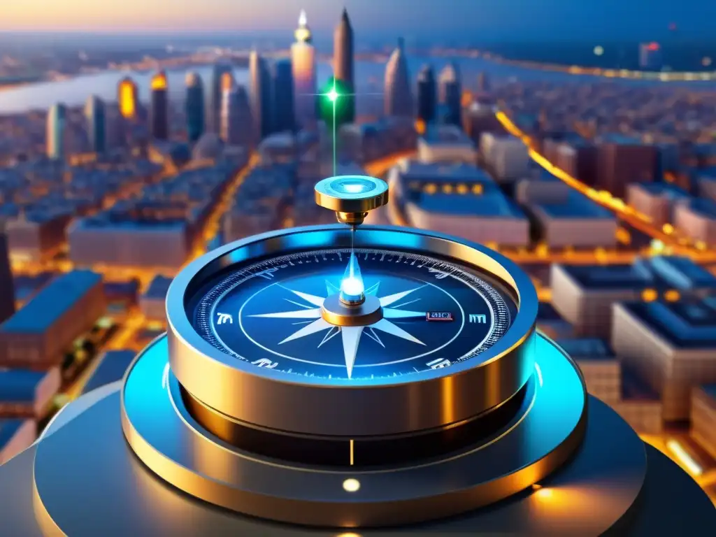 Una brújula digital futurista muestra la dirección de la Qibla con precisión en un paisaje urbano global diverso, donde personas de distintas culturas utilizan la tecnología para encontrar la Qibla