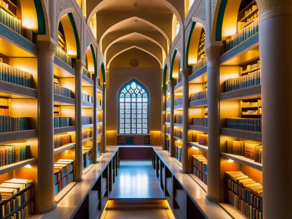 Una bulliciosa biblioteca en un gran califato islámico, llena de eruditos estudiando antiguos textos en árabe y persa