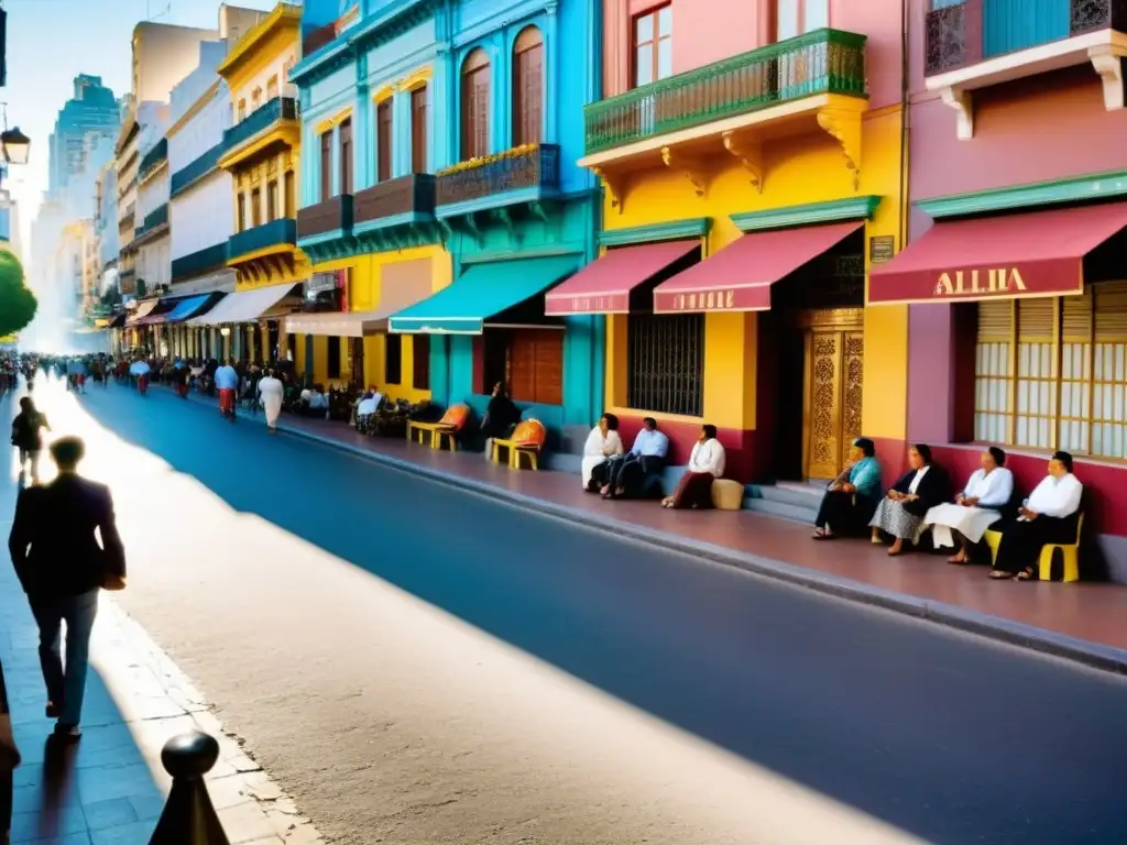 Una bulliciosa calle en Buenos Aires, Argentina, con colores vibrantes y actividad animada