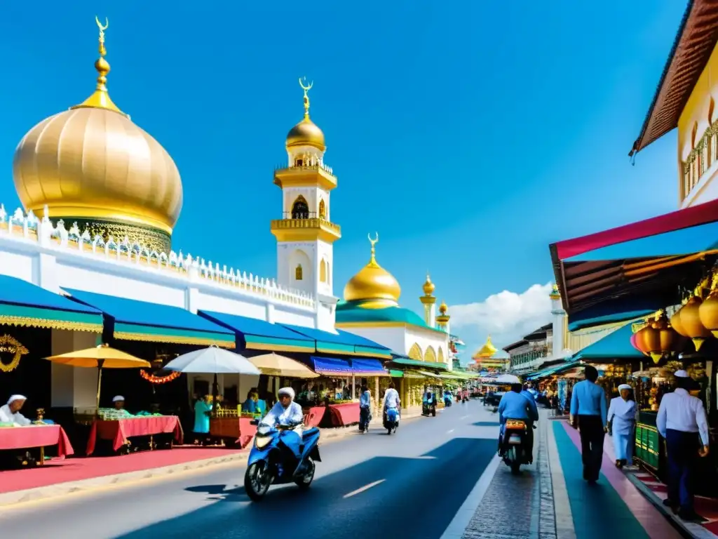 Una bulliciosa calle en la capital de Brunei, llena de hombres y mujeres con atuendos islámicos tradicionales