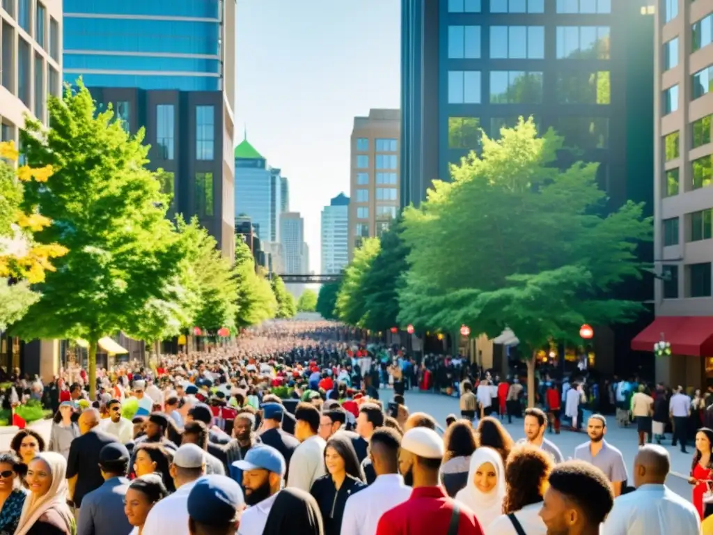 Una bulliciosa calle de una ciudad canadiense con una diversa multitud de personas, incluyendo miembros de la comunidad musulmana con identidad islámica en Canadá, rodeada de modernos edificios y exuberante vegetación, capturando la vibrante multiculturalidad de la sociedad canadiense