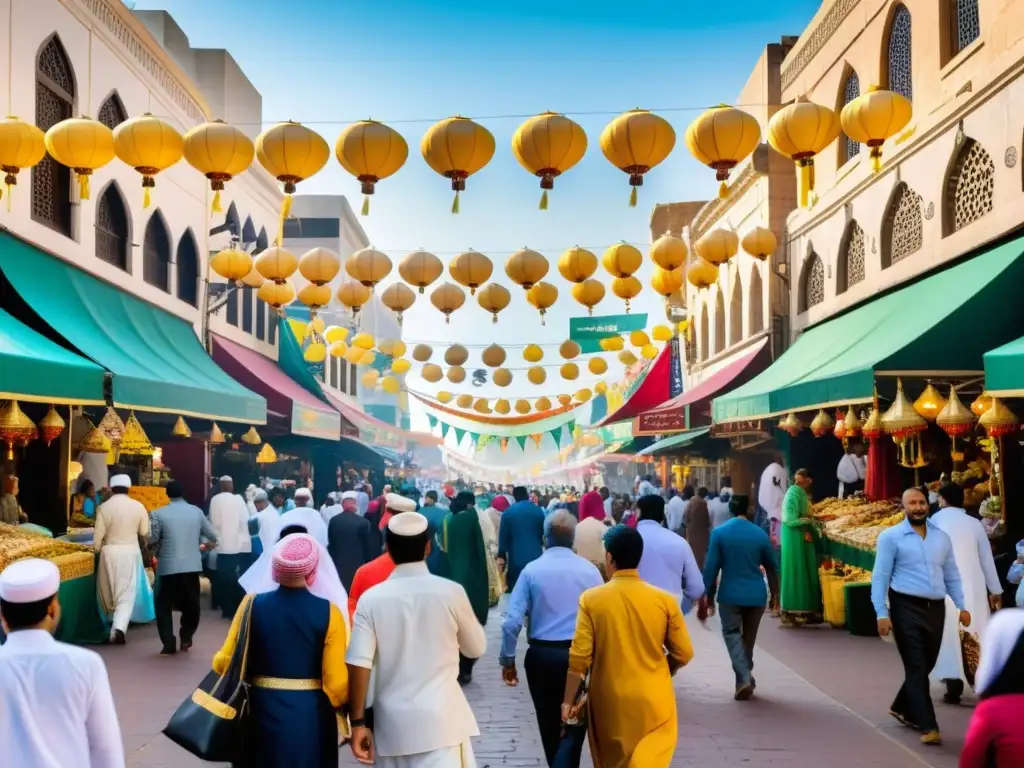 Una bulliciosa calle de la ciudad con diversidad cultural celebrando Eid alAdha en comunidad, llena de alegría y decoraciones vibrantes