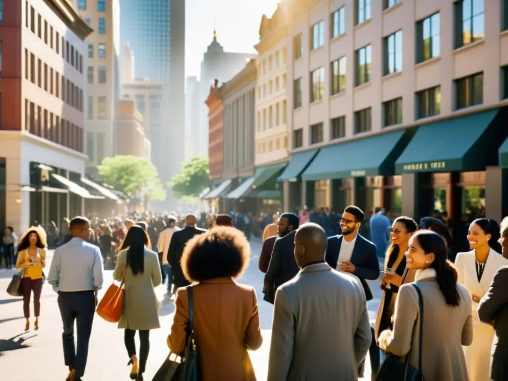 Una bulliciosa calle de la ciudad donde individuos diversos comparten actividades y conversaciones amigables bajo la cálida luz del sol