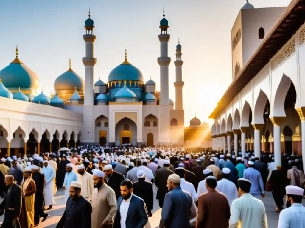 Vida diaria bajo el Adhan: escena vibrante de la comunidad musulmana Una bulliciosa calle de la ciudad llena de hombres y mujeres musulmanes que caminan, hablan y realizan sus rutinas diarias