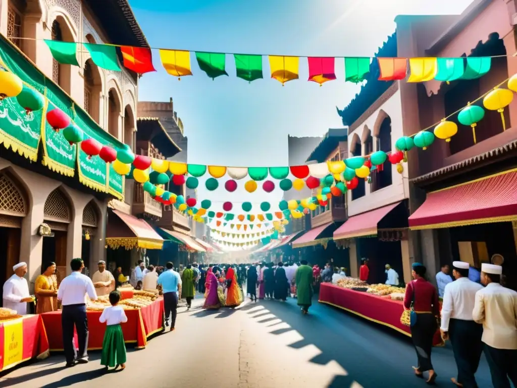 Una bulliciosa calle de la ciudad llena de banderas y decoraciones coloridas, con personas de diversas culturas celebrando Eid al-Fitr