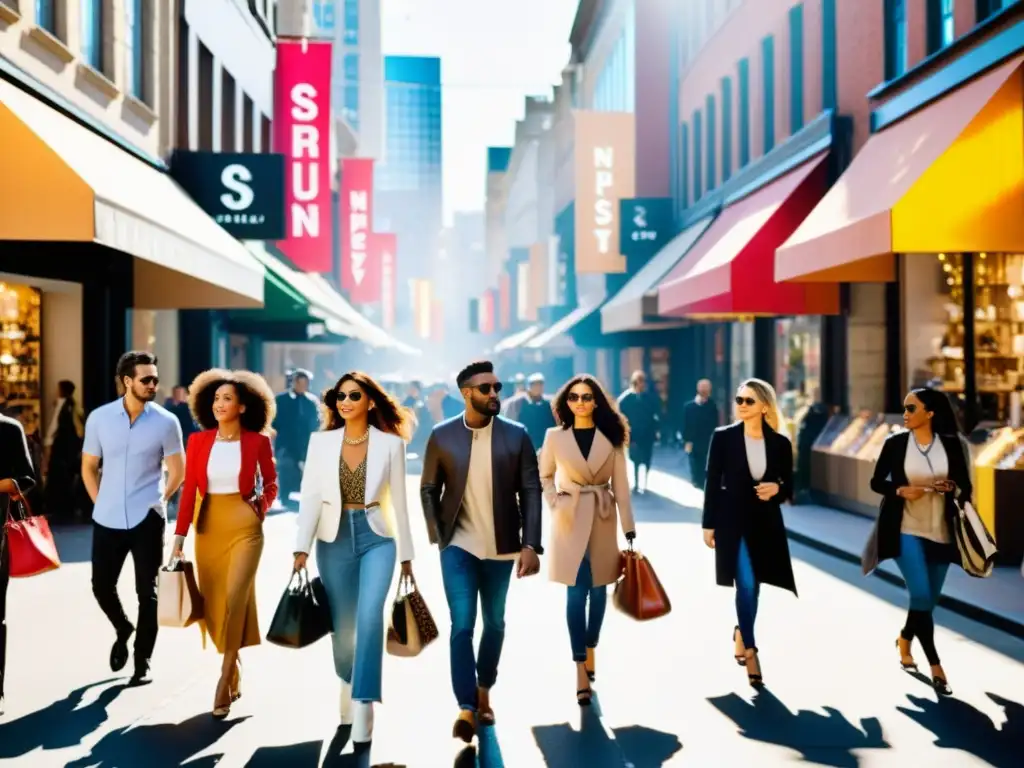 Una bulliciosa calle de la ciudad llena de gente diversa vistiendo ropa moderna y elegante, con diseños tradicionales y contemporáneos