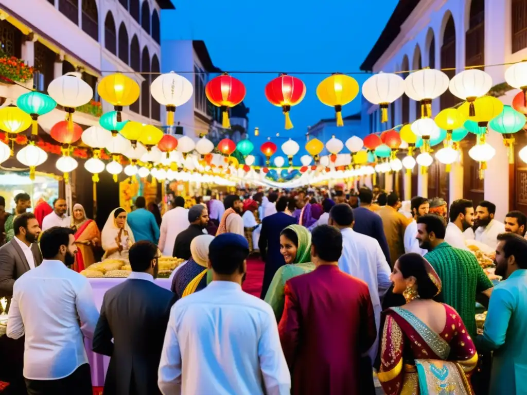 Una bulliciosa calle de la ciudad llena de gente diversa celebrando Eid alAdha en comunidad, con atuendos tradicionales y festividad multicultural