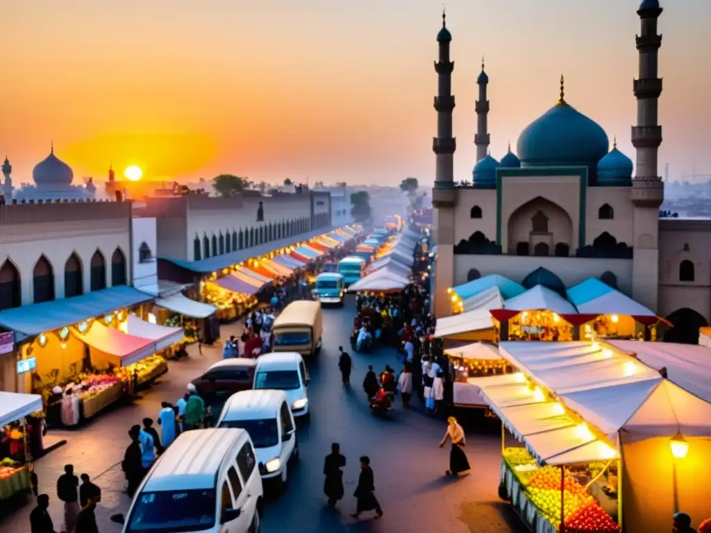 Una bulliciosa calle de una ciudad musulmana con vida cotidiana, minaretes al fondo y una atmósfera de Islam y democracia en mundo musulmán