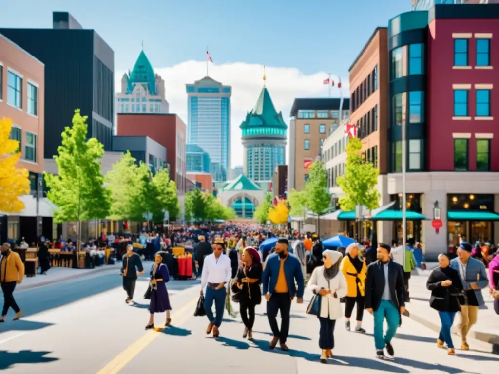 Una bulliciosa calle de la ciudad en Canadá, con personas de origen musulmán disfrutando de actividades culturales y sociales