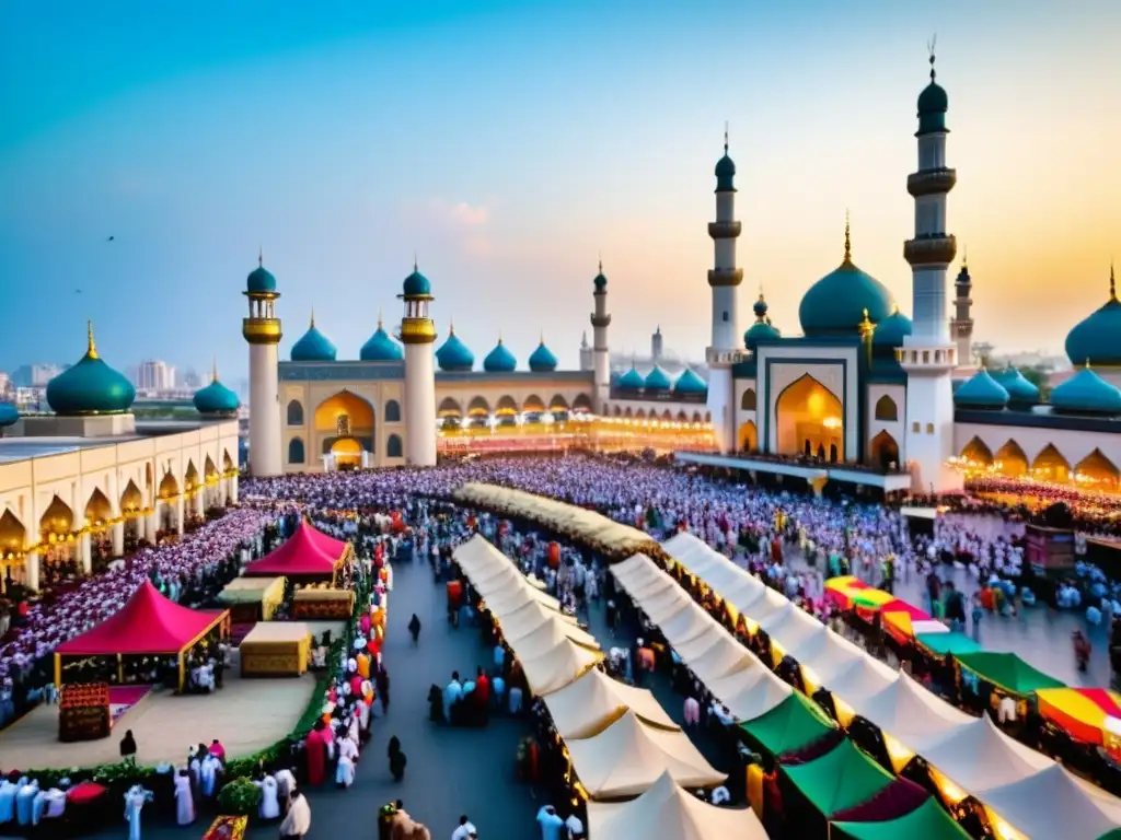 Una bulliciosa calle en Asia llena de celebraciones de Eid al-Adha, con ropa tradicional vibrante, música animada y deliciosos aromas de comida