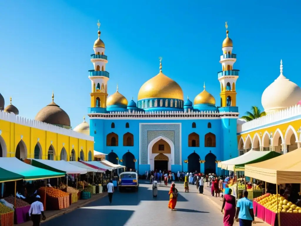 Vida caribeña: Calle llena de color, cultura y tradición islámica africana Una bulliciosa calle caribeña llena de coloridos edificios con elementos arquitectónicos islámicos