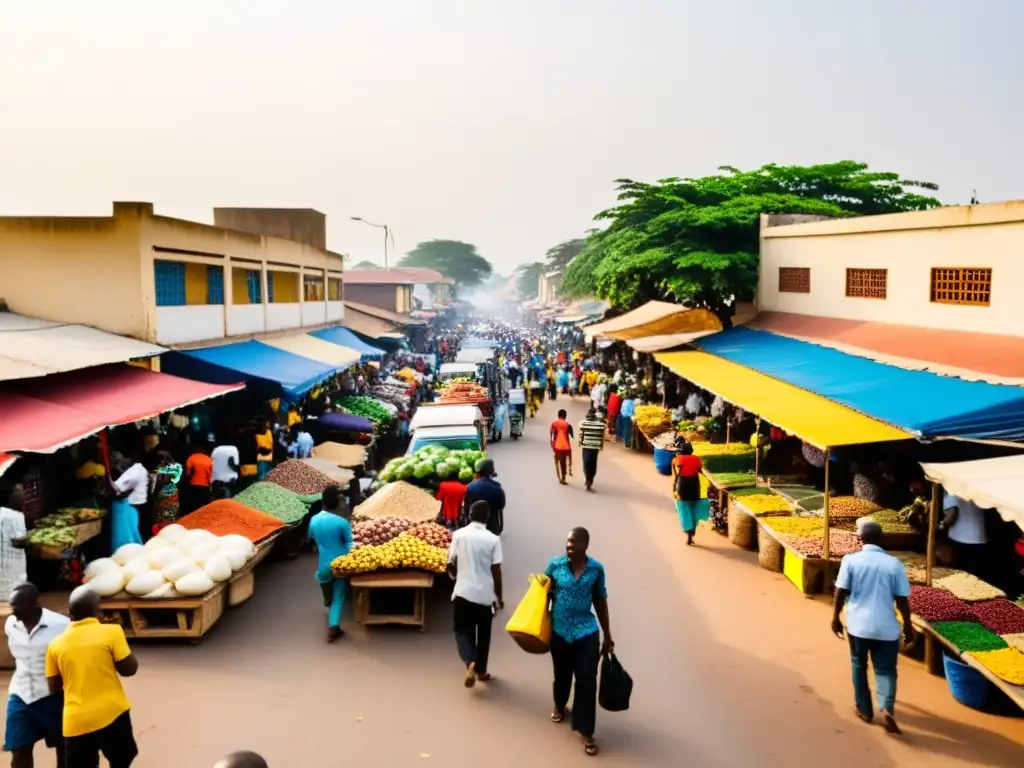 Una bulliciosa calle en Accra, Ghana, llena de puestos de mercado vibrantes vendiendo textiles coloridos, especias y artesanías hechas a mano