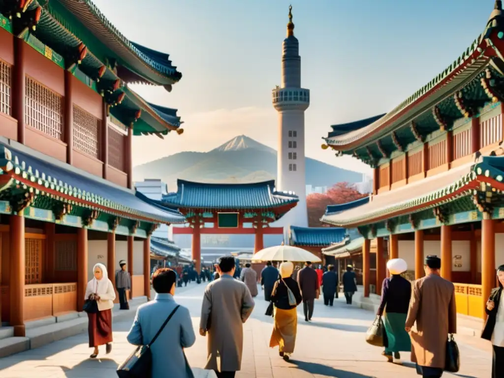 Una bulliciosa calle de Seúl, Corea del Sur, con una mezcla diversa de personas y una hermosa mezquita en el fondo