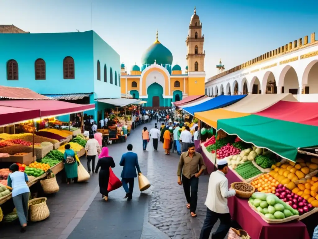 Una bulliciosa calle en una vibrante ciudad latinoamericana, mostrando diversidad y coexistencia, desafiando la islamofobia en América Latina