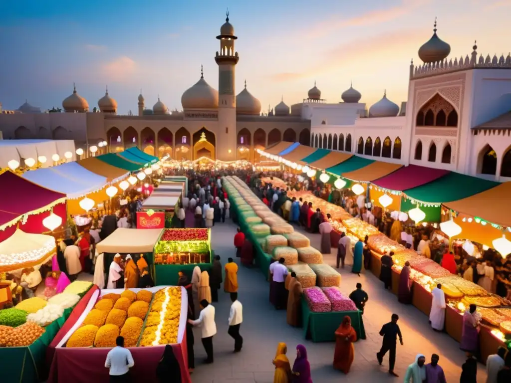 Una bulliciosa celebración de Eid alFitr en un mercado, con colores vibrantes, tradiciones y delicias Eid al-Fitr en el aire festivo