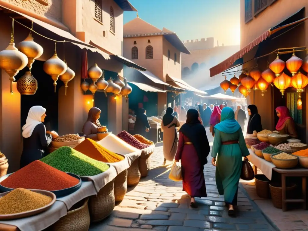 Una bulliciosa y colorida escena de vida cotidiana de mujeres en diversas culturas islámicas, en un mercado tradicional de una ciudad islámica