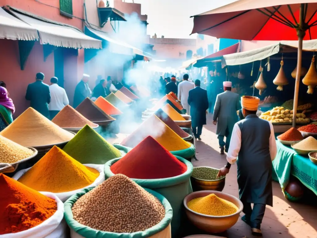 Una bulliciosa escena de mercado al aire libre en Marrakech, Marruecos, rebosante de sabores y colores de la cocina halal africana tradicional