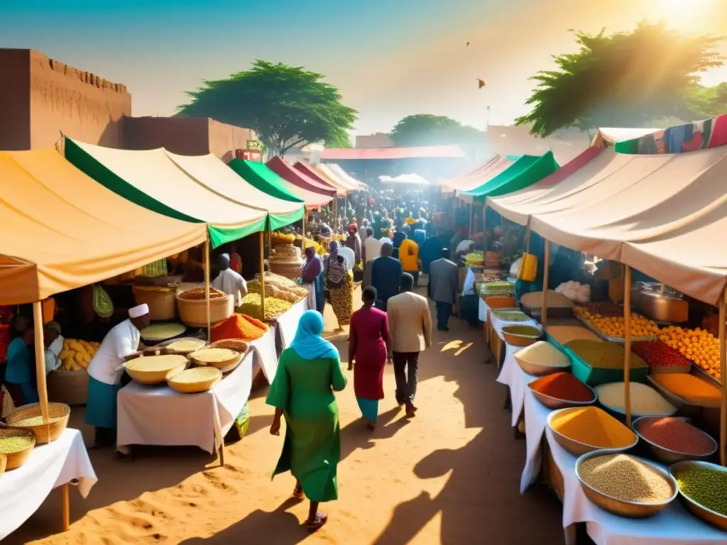 Una bulliciosa escena de mercado al aire libre en África, llena de color y vida