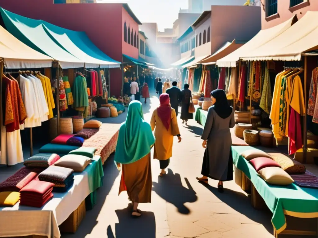 Una bulliciosa escena de mercado con textiles vibrantes y ropa islámica tradicional