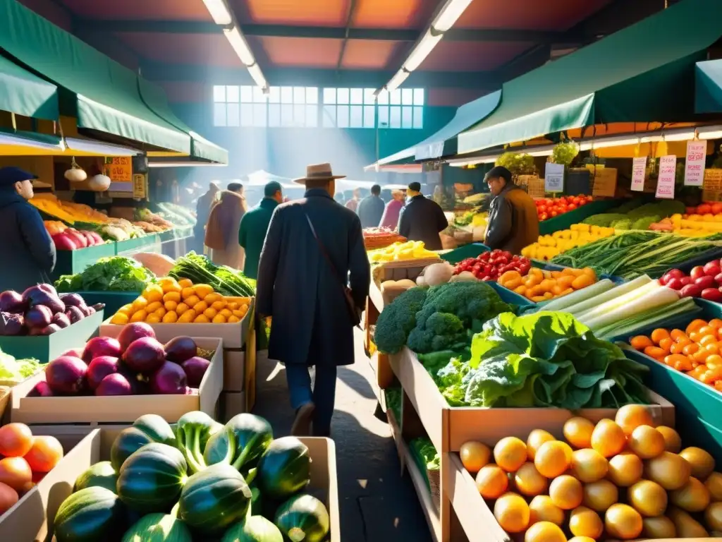 Una bulliciosa escena de mercado de vegetales con colores vibrantes y frescos, capturando la esencia de la cocina halal vegetariana