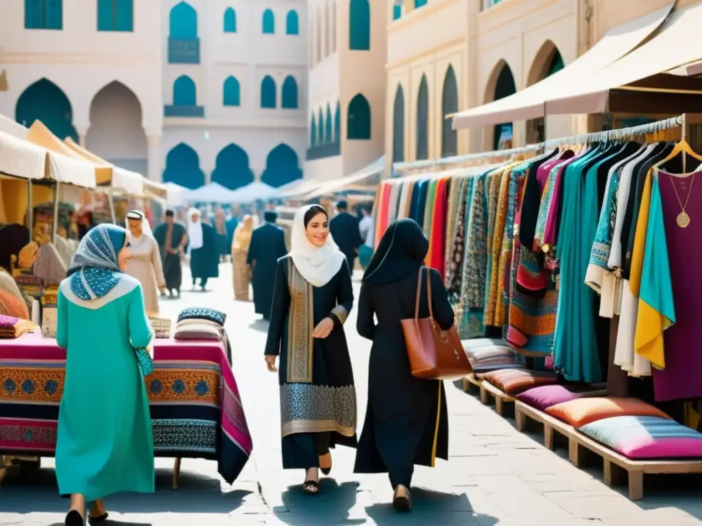 Una bulliciosa feria en una ciudad del Medio Oriente, con textiles y prendas coloridas en exposición