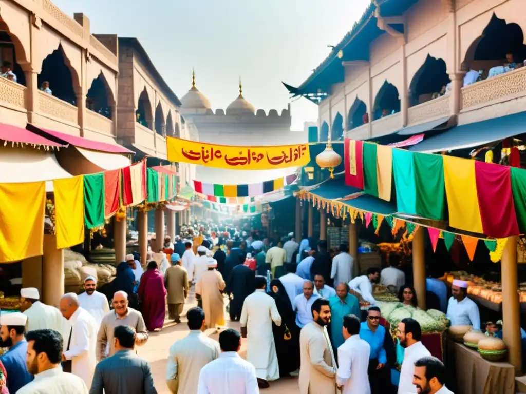 Una bulliciosa celebración Eid alFitr en un mercado antiguo, con colores vibrantes y gente vestida con ropa tradicional, disfrutando la festividad